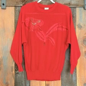 Vintage Red Knit Sweater Beaded Applique Floral Design One Size